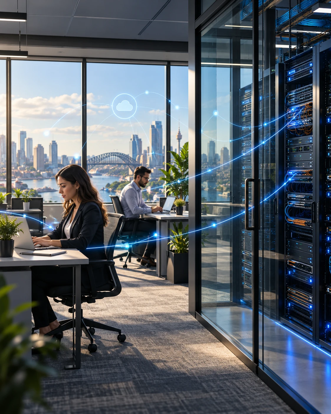 Business professionals working alongside network infrastructure